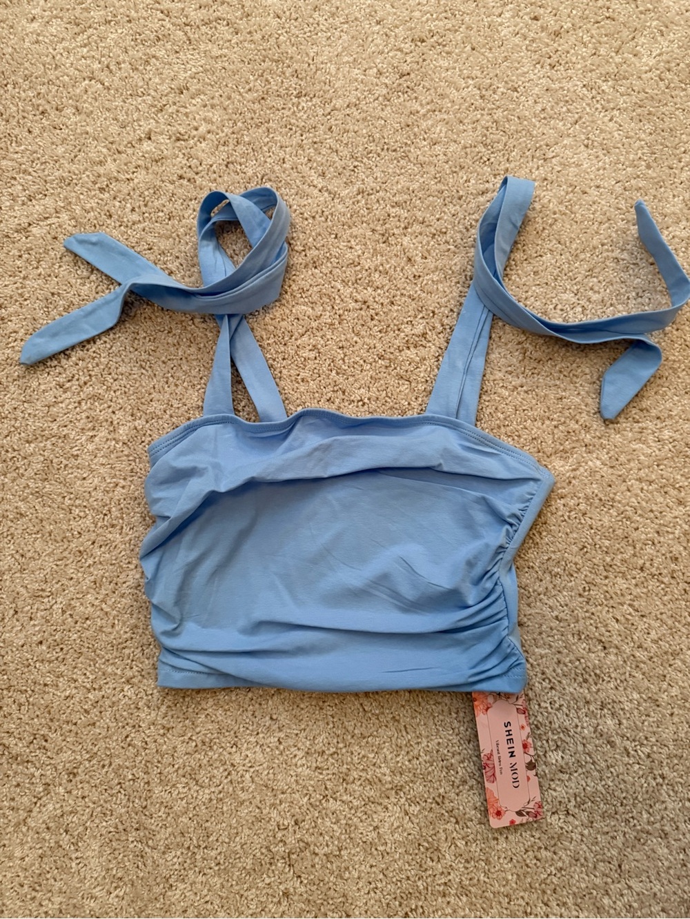 SHEIN Light Blue Tie-Strap Ruched Crop Top